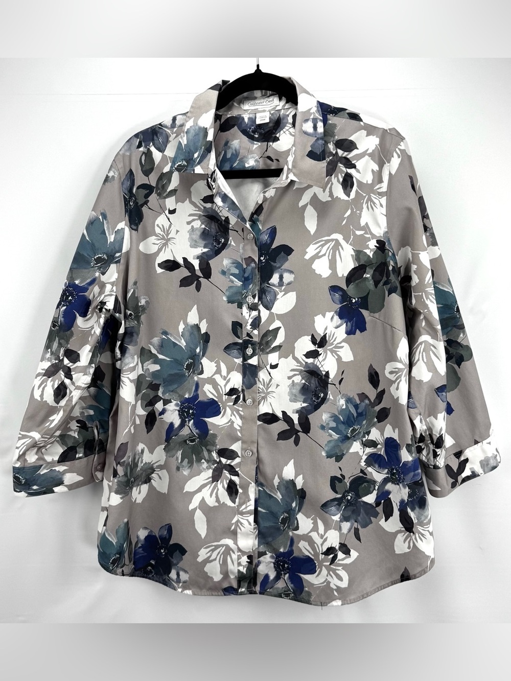 Coldwater Creek Gray Floral Button-Up Blouse with Blue & White Accents